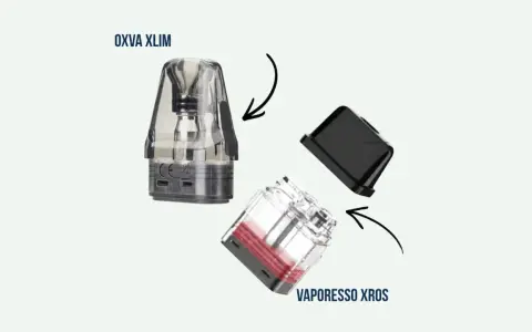Cartucho Vaporesso Xros y un cartucho Oxva Xlim, ambos transparentes con líquido rojo visible en el Xros.