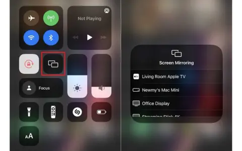 iPhone-skärmen visar kontrollcenter med alternativ för skärmspegling, inklusive AirPlay till Apple TV.