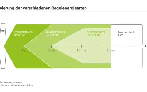 Diagramm zeigt Aktivierung von Regelenergiearten: Primär-, Sekundär-, Minutenreserve und BKV-Reserve. Keine negative Regelenergie hier.