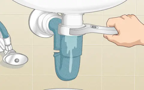 A hand uses a wrench to loosen a sink trap, a step in how to clean a sink drain. Water drains into a bucket below.