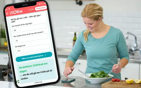 Kvinna använder app för att räkna ut sitt kaloribehov. Appen visar att hon behöver 1530 kcal per dag för att gå ner 8 kg på 10 veckor.