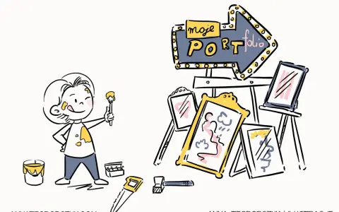 Dziecko z pędzlem i farbą, obok stoją obrazy i neonowy szyld "moje portfolio". To świetny przykład portfolio artystycznego.