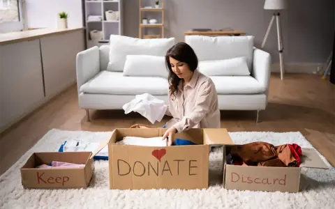 Donna fa decluttering, dividendo vestiti in scatole "Keep", "Donate" e "Discard".