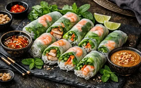 Färska vietnamesiska vårrullar med räkor, grönsaker och nudlar, serverade med en krämig jordnötsås som vietnamesiska vårrullar sås.