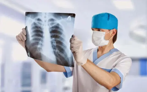 Un radiologo con mascherina e guanti esamina una radiografia del torace, analizzando attentamente ogni dettaglio per una diagnosi accurata.