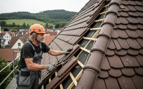 Handwerker mit Helm legt Ziegel auf ein Dach. Er ist dabei, das Dach zu beschichten und sorgt für Schutz vor Wind und Wetter.