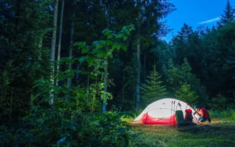 Ein beleuchtetes Zelt in einem dunklen Wald, ein Mann bereitet sich auf die Nacht vor. Perfekt für Trekking Camps Deutschland.