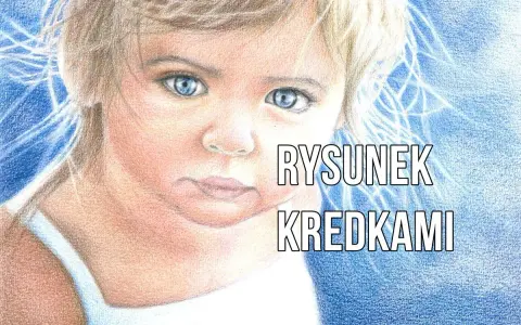 Uroczy portret dziecka z niebieskimi oczami, wykonany techniką rysunki kredkami.