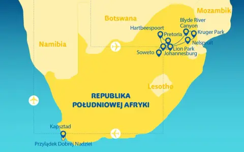 Mapa pokazuje Republikę Południowej Afryki, gdzie leży Kapsztad na południowym krańcu, blisko Przylądka Dobrej Nadziei.