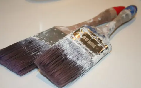 Deux pinceaux usagés, couverts de peinture blanche séchée. Que faire avec ce pinceau sec ?