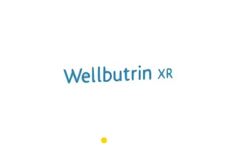 Niebieski napis Wellbutrin XR na białym tle.