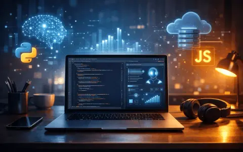 Laptop z kodem, ikony Pythona i JS, mózg AI, chmura danych. To inspiracja, jak zostać programistą od zera.
