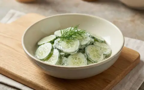 Frischer gurkensalat mit joghurt und dill in einer schüssel, garniert mit dill.