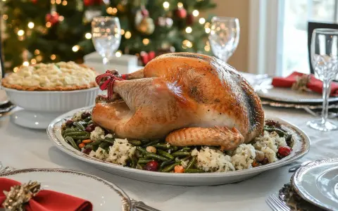 Un chapon rôti, prêt pour un repas de fête, servi avec des haricots verts et du riz. Une recette chapon farci à l'ancienne pour un Noël traditionnel.
