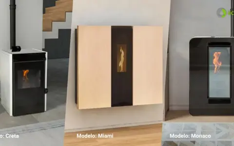 Modelos de estufas de pellets: Creta, Miami y Monaco. Descubre cómo funciona una estufa de pellets con estas opciones modernas.