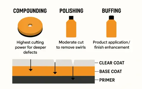 Car detailing steps: compound first for deep defects, then polish to remove swirls, and finally buff for finish enhancement.