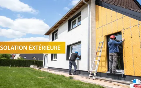Des ouvriers installent une isolation extérieure sur une maison. Ce chantier modenature ite améliore le confort et l'efficacité énergétique.