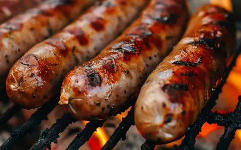 Soczysta kiełbasa z grilla, rumiana i pachnąca, piecze się nad ogniem. Idealna na letnie spotkania.