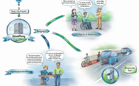 Die Abbildung zeigt **Leitbilder der Stadtentwicklung** im Kontext von Smart City Projekten, die Verwaltung, Bürger:innen und klimagerechte Mobilität verbinden.