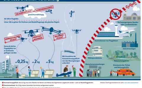 Drohnen fliegen: Regeln für Kennzeichnung, Kenntnisnachweis und Erlaubnispflicht je nach Gewicht und Flughöhe. Flugverbote über bestimmten Orten.