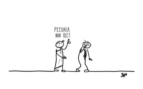 Due figure stilizzate discutono. Una, con toga e corona d'alloro, tiene in mano una moneta e dice "Pecunia non olet". L'altra, in abito moderno, ascolta pensierosa.