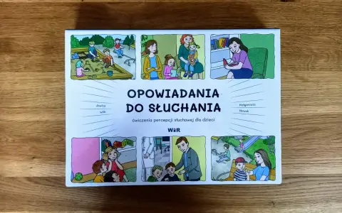 Opowiadania do słuchania: ćwiczenia percepcji słuchowej dla dzieci. Ilustracje przedstawiają dzieci bawiące się na placu zabaw, w piaskownicy, czytające książki i w gabinecie lekarskim.