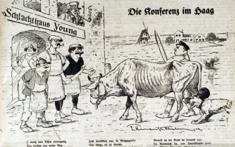 Karikatur: "Schlachthaus Young" zeigt Deutschland als Rind, das von Stresemann und anderen Nationen bedrängt wird. Ein junger Plan zur Konferenz in Den Haag.