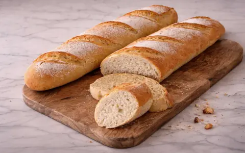 Deux baguettes dorées, l'une coupée en tranches, sur une planche en bois. Parfait pour une recette baguette croustillante et aérée.