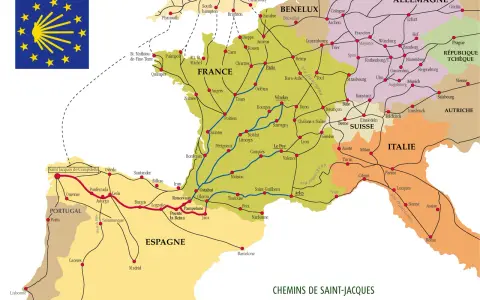 Carte des Chemins de Saint-Jacques, montrant les routes traversant la France, l'Espagne, le Portugal, l'Italie et l'Allemagne.