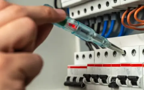 Dłoń trzymająca próbniki napięcia przy bezpiecznikach w skrzynce elektrycznej.