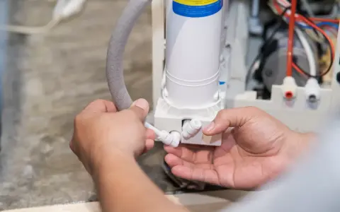 Mains d'un technicien connectant un tuyau à un système de filtration d'eau, peut-être pour résoudre un problème où le sel de mon adoucisseur ne fond pas.