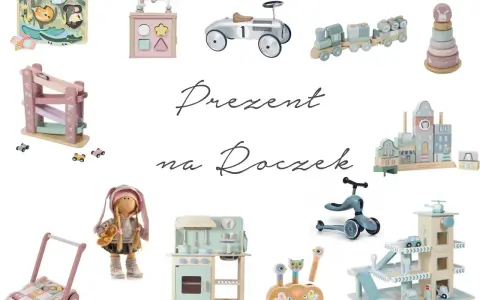 Prezent na roczek: drewniane zabawki dla malucha – kolejka, autko, kuchnia, sorter, wieża i inne.