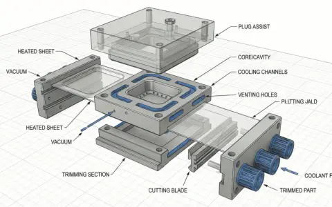 Exploded view of a vacuum forming mold design, showing heated sheets, vacuum, core/cavity, cooling channels, venting holes, and a cutting blade.