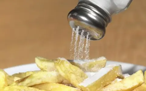Salzstreuer rieselt Salz auf Pommes. Zu viel Salz essen kann zu Problemen führen.