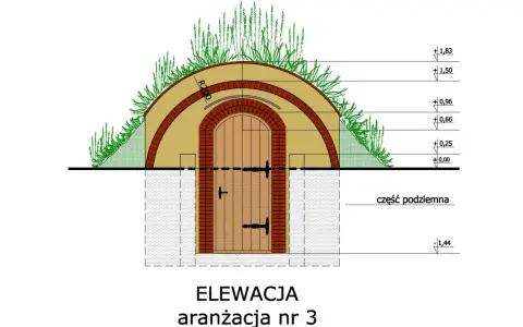 Projekt piwnicy ziemianki z drewnianymi drzwiami i kamiennym łukiem, otoczona zielenią.