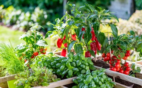 Ein Hochbeet mit Tomaten, Basilikum, Salat und roten Paprika. Sie sind gute Nachbarn im Garten und wachsen prächtig.