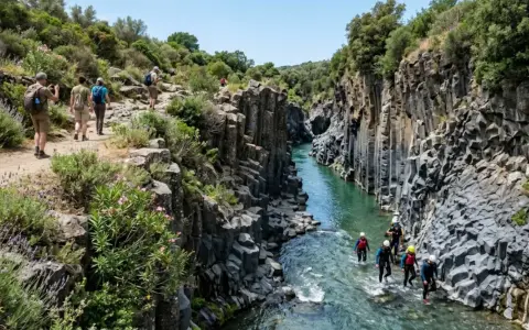 Escursionisti ammirano le spettacolari **cascate gole dell'Alcantara**, mentre un gruppo fa canyoning nel fiume.