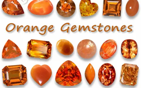 Collezione di pietre preziose arancioni, tra cui citrino, corniola e diaspro, con la scritta "Orange Gemstones".