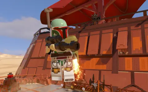 Boba Fett w grze Lego Star Wars: The Skywalker Saga, gotowy do akcji na pokładzie statku. Sprawdź lego star wars the skywalker saga wymagania!