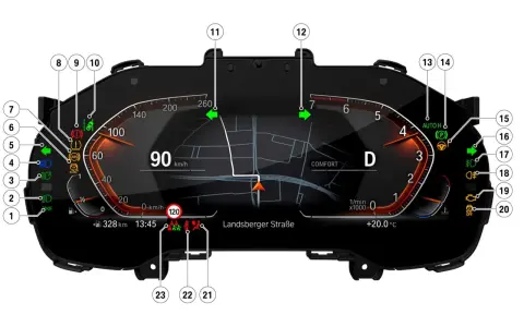 BMW 1 kontrolki opis: wskaźniki prędkości, obrotów, temperatury, nawigacja, biegi (D), tryb COMFORT, wskaźniki świateł, ABS, hamulca ręcznego, pasów, ciśnienia opon.