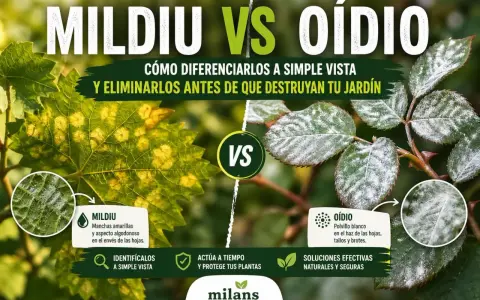 Comparativa visual de mildiu y oídio hongo en hojas. El mildiu causa manchas amarillas y aspecto algodonoso, mientras que el oídio deja un polvillo blanco.
