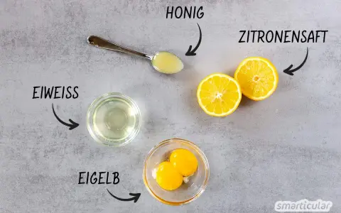 Zutaten für eine Haarkur selber machen: Eiweiß, Eigelb, Honig und Zitronensaft sind bereit.