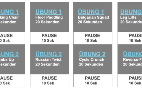Tabata Workout Deutsch: Übungen wie Rocking Chair, Floor Paddling, Bulgarian Squad, Leg Lifts, Thumbs Up, Russian Twist, Cycle Crunch und Reverse Flys.