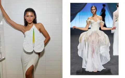 Zendaya stuns in a unique white gown with a floral accent, and another model showcases a dramatic, feathered wedding dress.