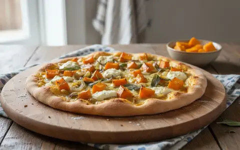 Pizza gourmande aux dés de courge, fromage frais et oignons caramélisés. Un délice automnal !