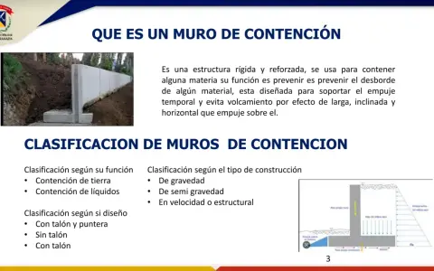 Muro de contención de hormigón que retiene tierra. Se explican clasificaciones de muros de contención.