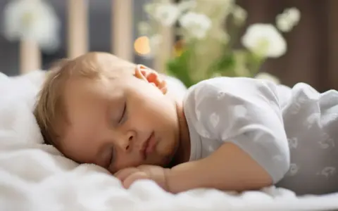 Słodki noworodek śpi spokojnie w łóżeczku. Kiedy minie okres noworodkowy, dziecko będzie się rozwijać.