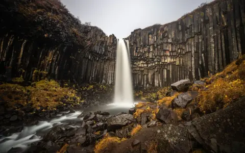 Svartifoss, najpiękniejszy wodospad, spada wśród bazaltowych kolumn. Woda tworzy mgiełkę, a jesienne trawy dodają koloru.