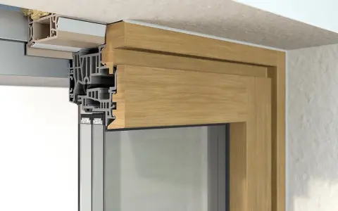 Detailansicht: So wird ein Fenster fachgerecht eingebaut. Holz-Alu-Konstruktion mit Mehrfachverglasung.