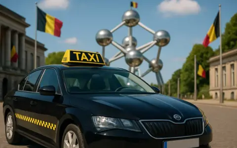 Schwarzer Taxi in Belgien vor dem Atomium. Belgische Flaggen wehen im Hintergrund.